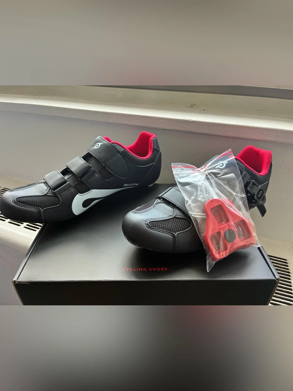 Peloton Black and White Cycling Sneakers with Red Lining